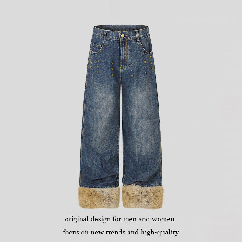Women's Wide Denim Palazzo Jeans with Fur Cuffs and Studs Amarae