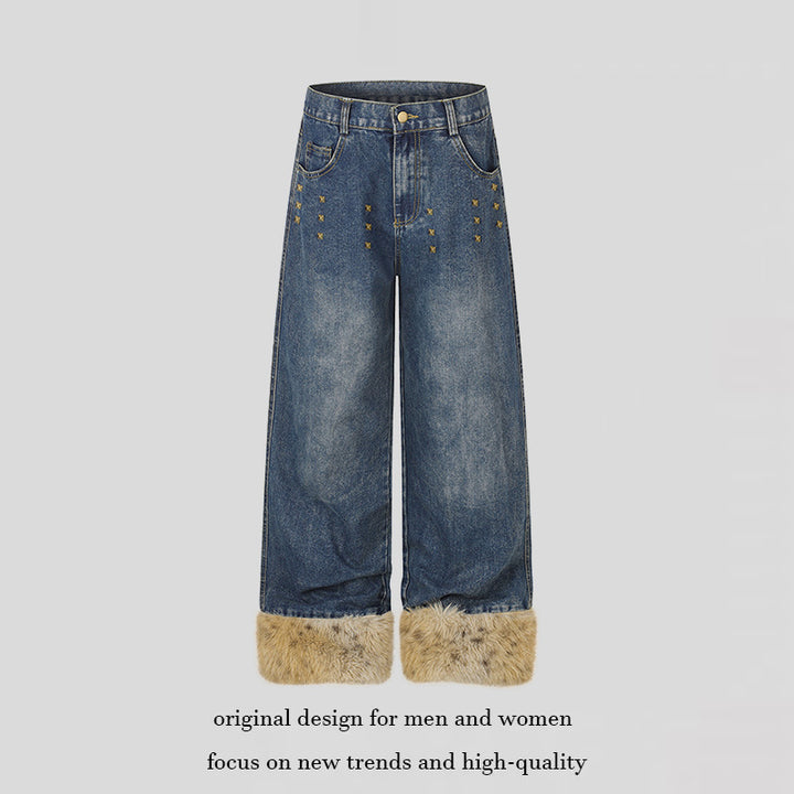 Women's Wide Denim Palazzo Jeans with Fur Cuffs and Studs Amarae