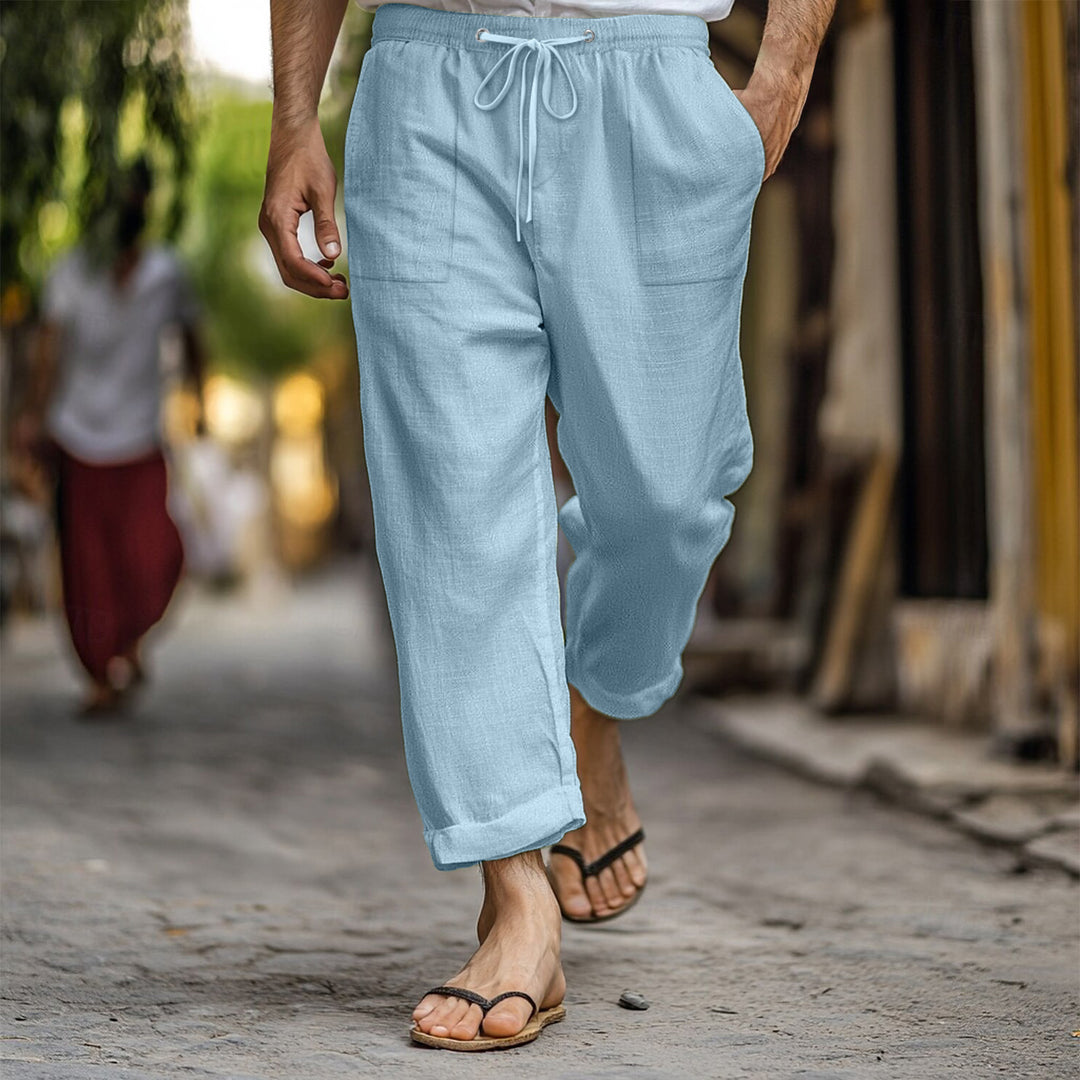 Casual and breathable linen pants for men with elastic waistband and practical side pockets Lune London