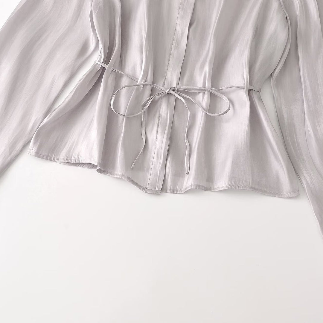 Ladies silk matte tailored shirt blouse with drawstring and concealed button placket Amarae