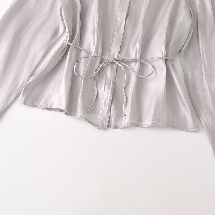 Ladies silk matte tailored shirt blouse with drawstring and concealed button placket Amarae