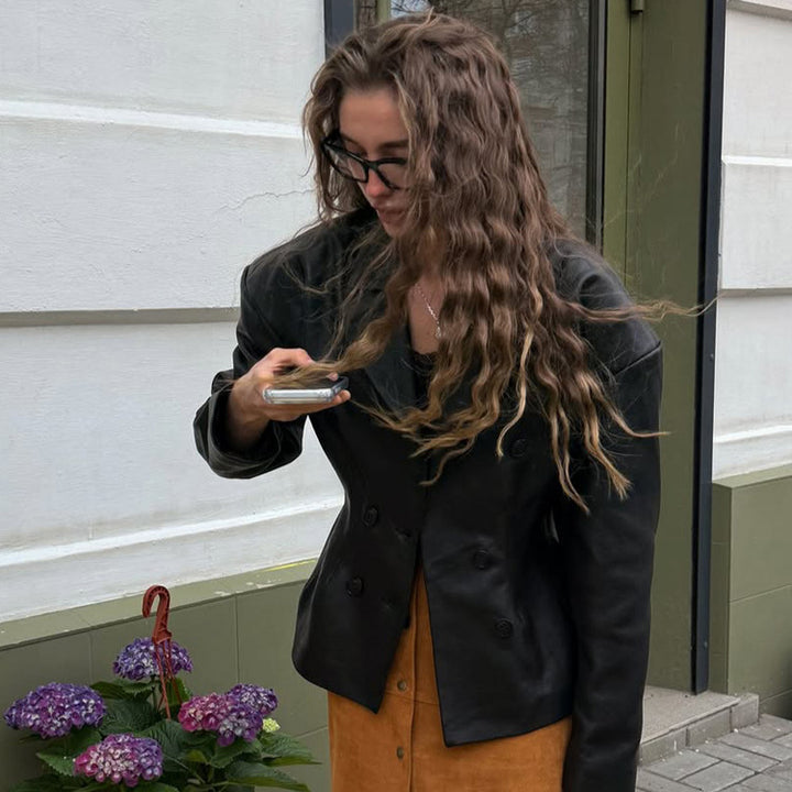 Women Fashionable Blazer-Bomber made of vegan leather imitation with double-breasted front Amarae