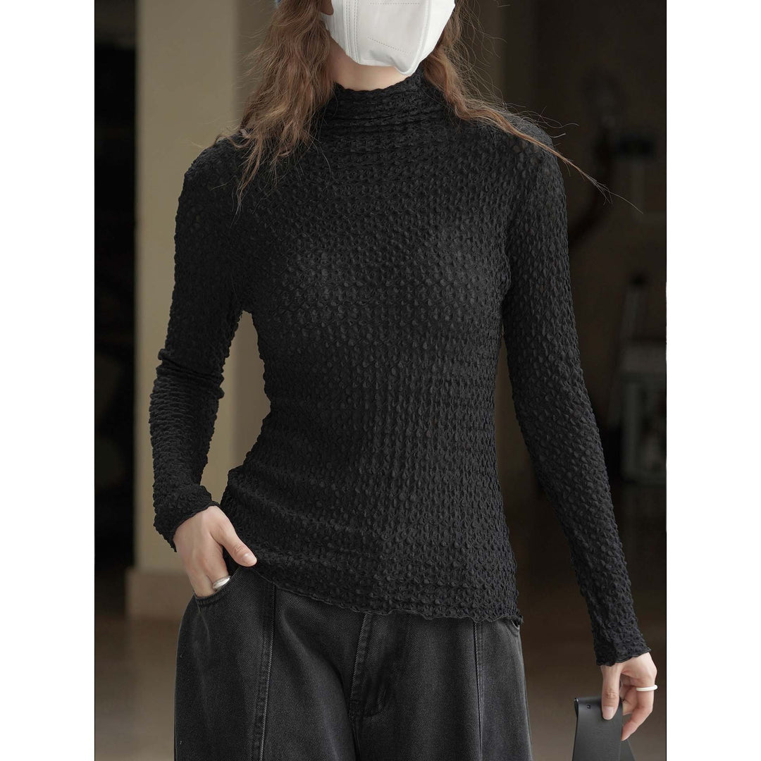 Women's Fitted Crinkle Long Sleeve with Stand Collar and Textured Surface Amarae