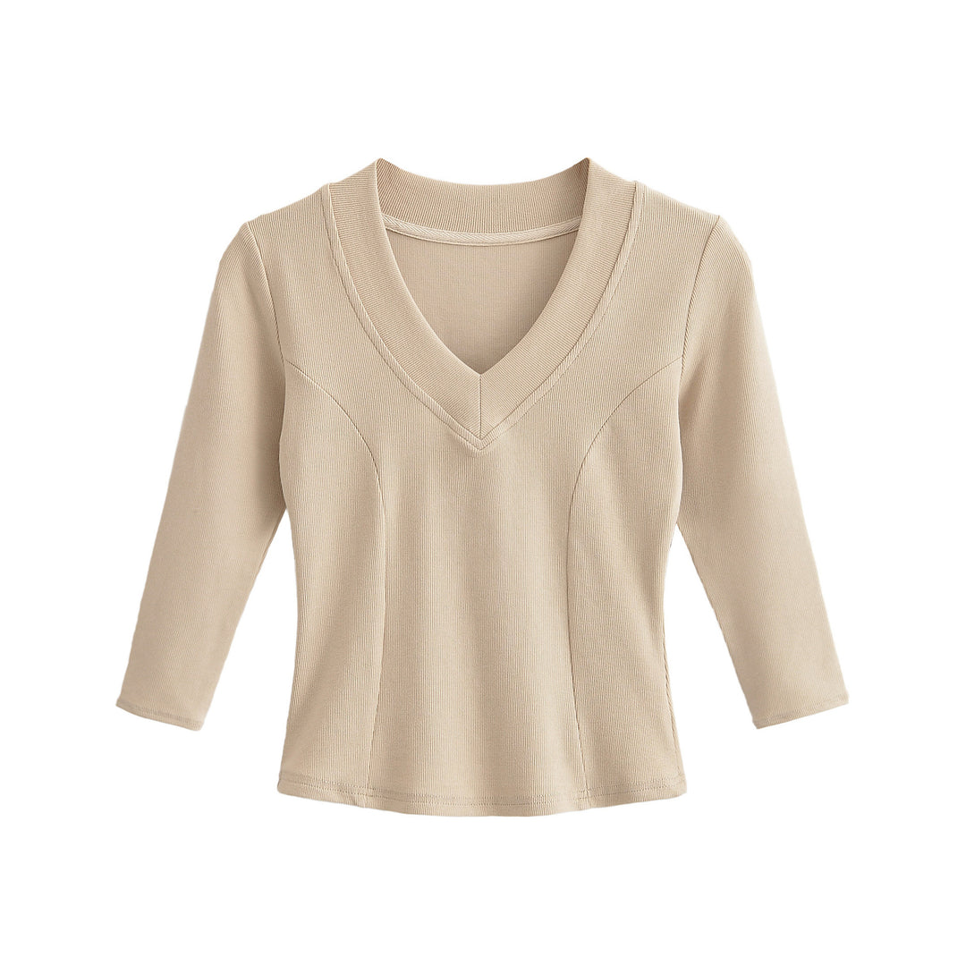 Women's Ribbed Long Sleeve Shirt with V-Neck and Tailored Fit Amarae