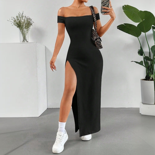 Robe maxi femme avec découpe épaule dénudée et fente haute Chic & Stil