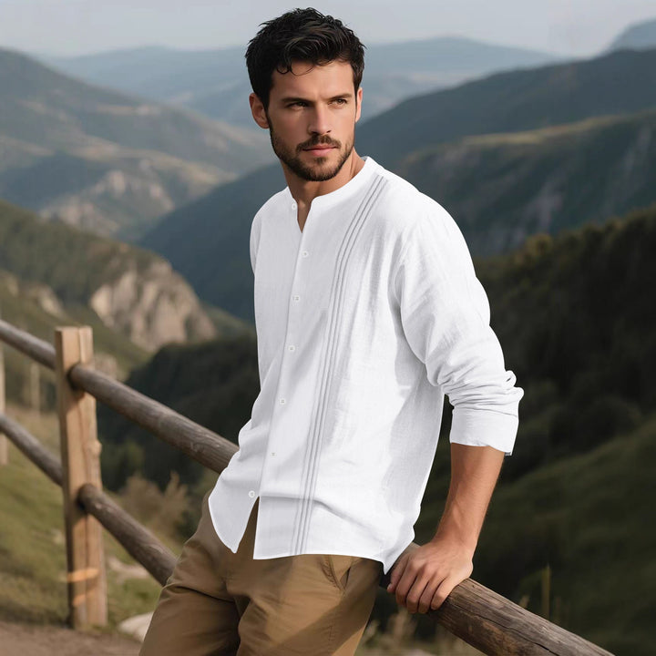 Trendy long-sleeve shirt for men with textured surface and innovative high collar Lune London
