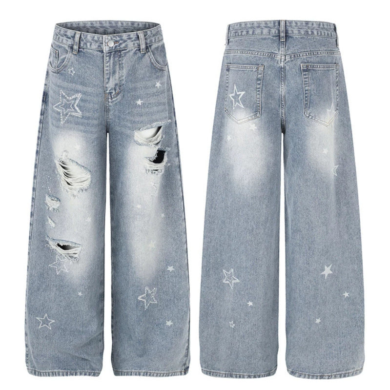 Ladies Wide Distressed Palazzo Jeans with Star Embroidery Amarae