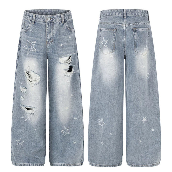 Ladies Wide Distressed Palazzo Jeans with Star Embroidery Amarae
