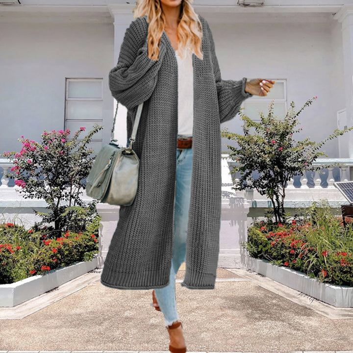 Ladies Long Knit Cardigan with Wide Sleeves and a Chic Textured Design