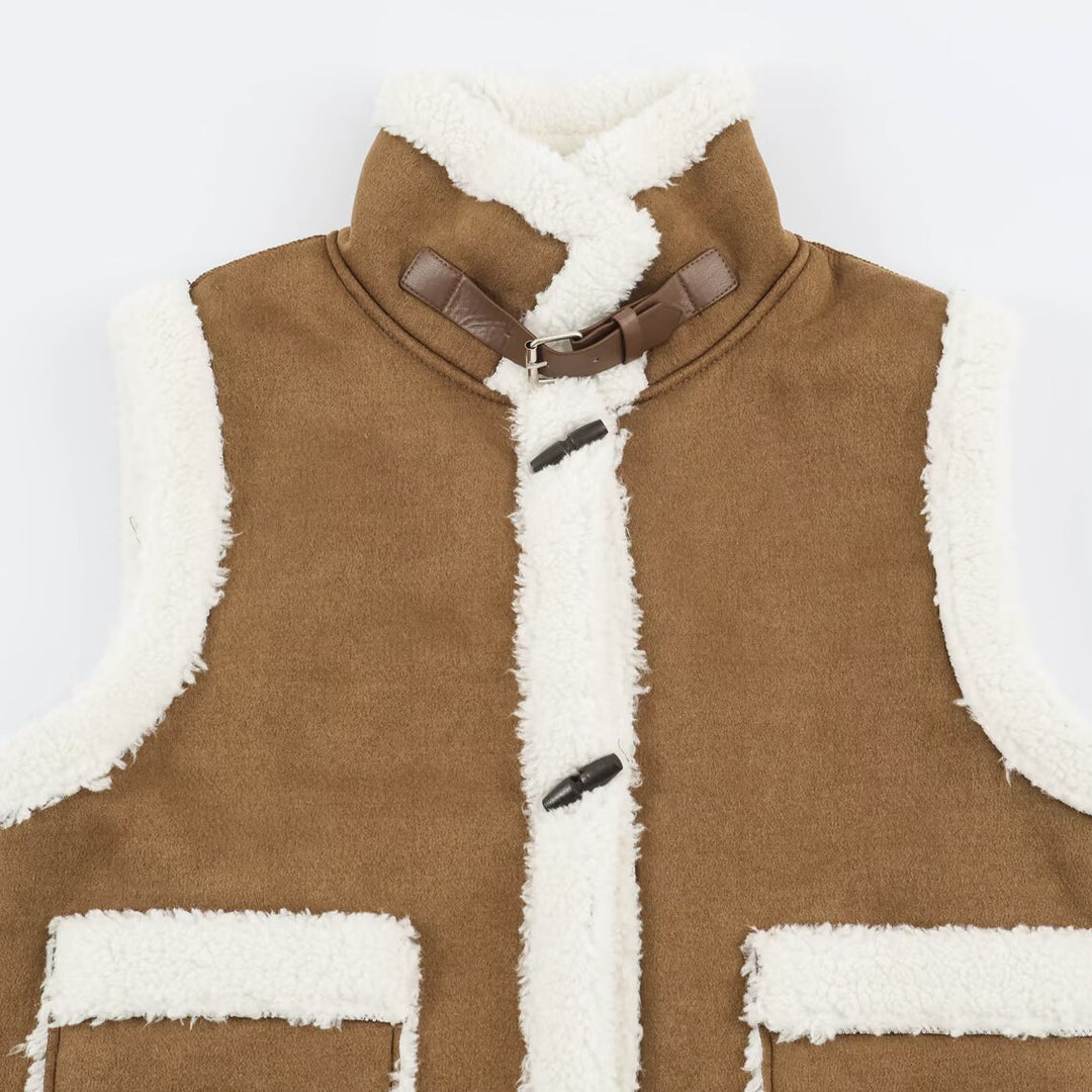 Women's Sleeveless Lambskin-Look Vest with Stand-Up Collar and Toggle Closures Amarae