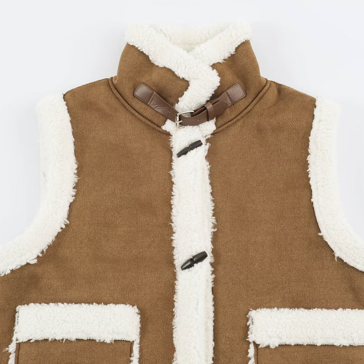 Women's Sleeveless Lambskin-Look Vest with Stand-Up Collar and Toggle Closures Amarae