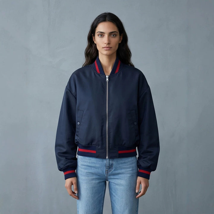 Women's Short Cut Oversized Bomber Jacket with Voluminous Sleeves and Ribbed Cuffs Amarae