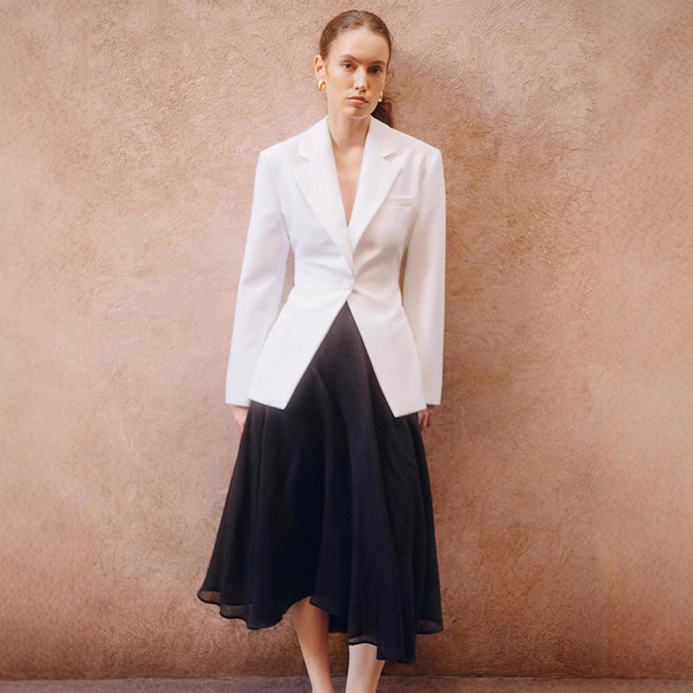 Women Tailored Blazer Coat with Sculptural Shoulder Area and Extended Cropped Silhouette Amarae