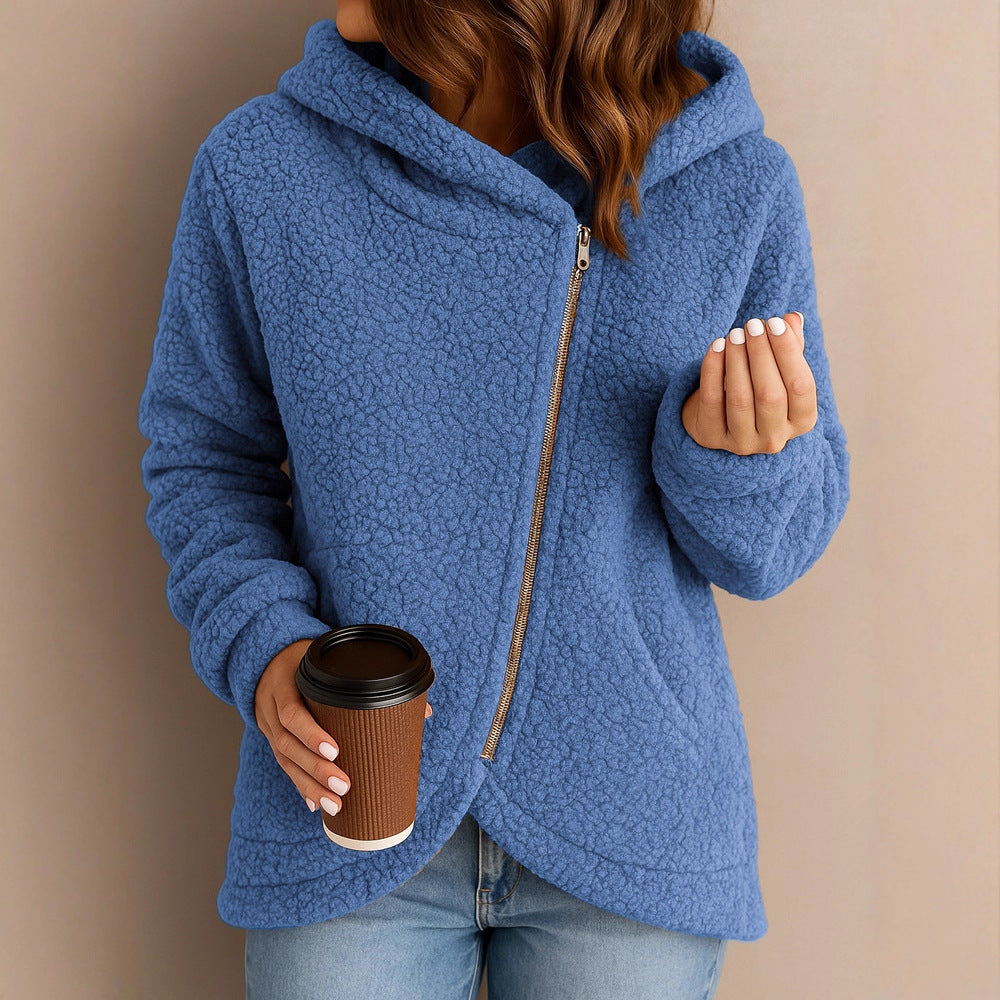 Ladies plush hooded jacket with asymmetrical zipper Lune London