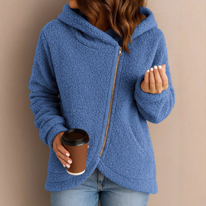 Ladies plush hooded jacket with asymmetrical zipper Lune London