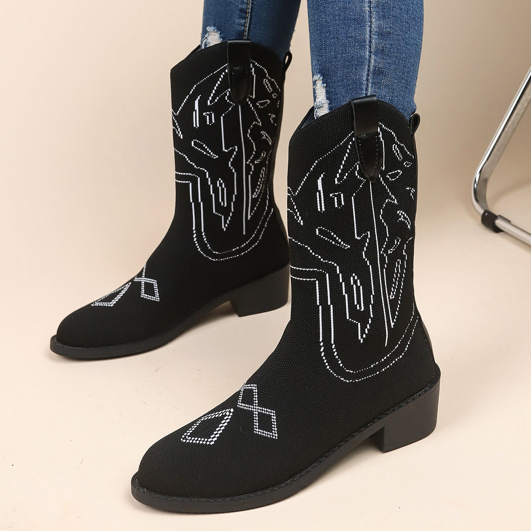 Women's cowboy boots with an artistic embroidered pattern and a sturdy heel Lune London