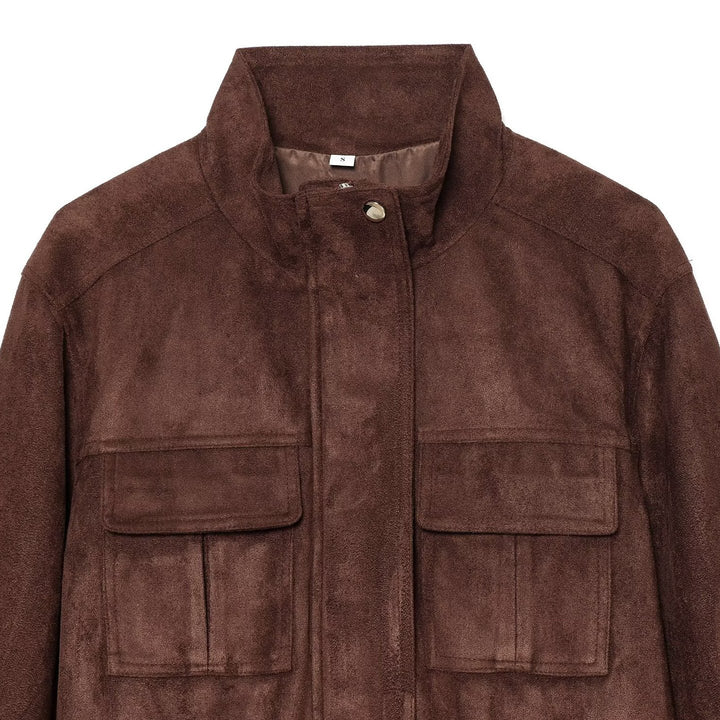 Ladies short jacket in field style made of suede leather look with stand-up collar, chest pockets, and drawstring Amarae
