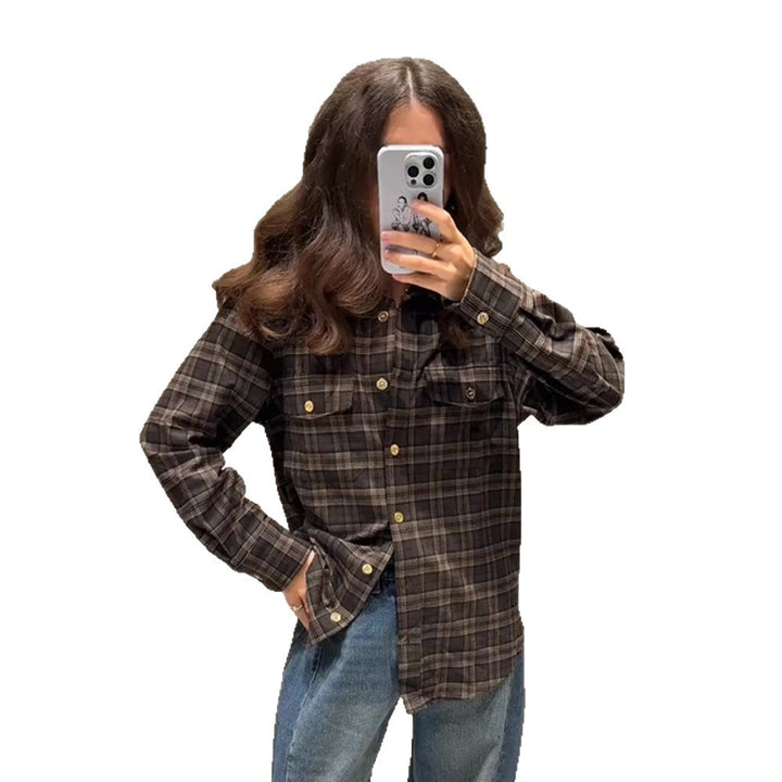 Women Checked Overshirt with Chest Pockets and Gold Snap Buttons Amarae