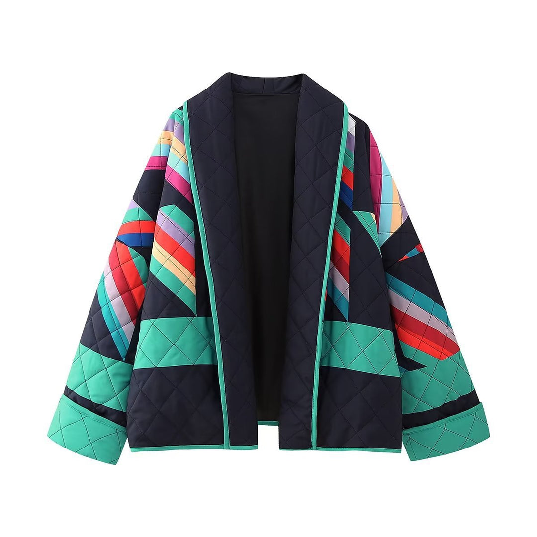 Ladies Quilted Kimono Jacket with Graphic Color Block Print and Open Front Amarae