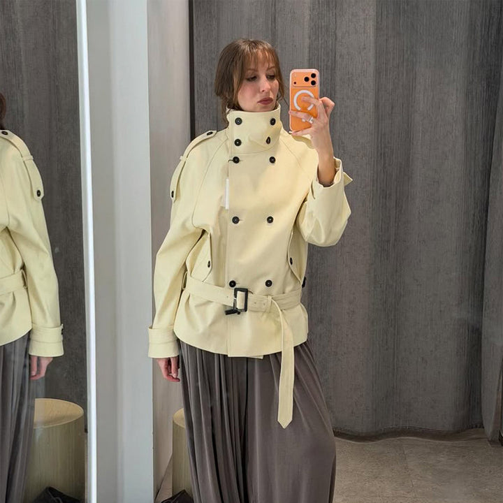 Women Short Double-Breasted Trench Jacket with High Standing Collar and Waist Belt Amarae