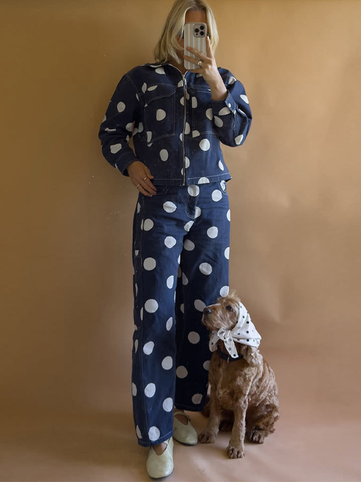 Women's wide cargo pants with high waist, polka dot print and visible contrast stitching Amarae