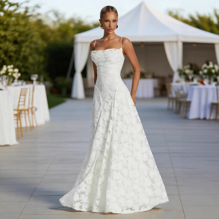 Ladies Elegant Maxi Dress with Floral Lace Design and Adjustable Spaghetti Straps Lune London