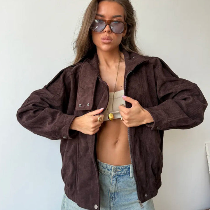 Women Oversize Suede-Look Biker Jacket with High Standing Collar Amarae