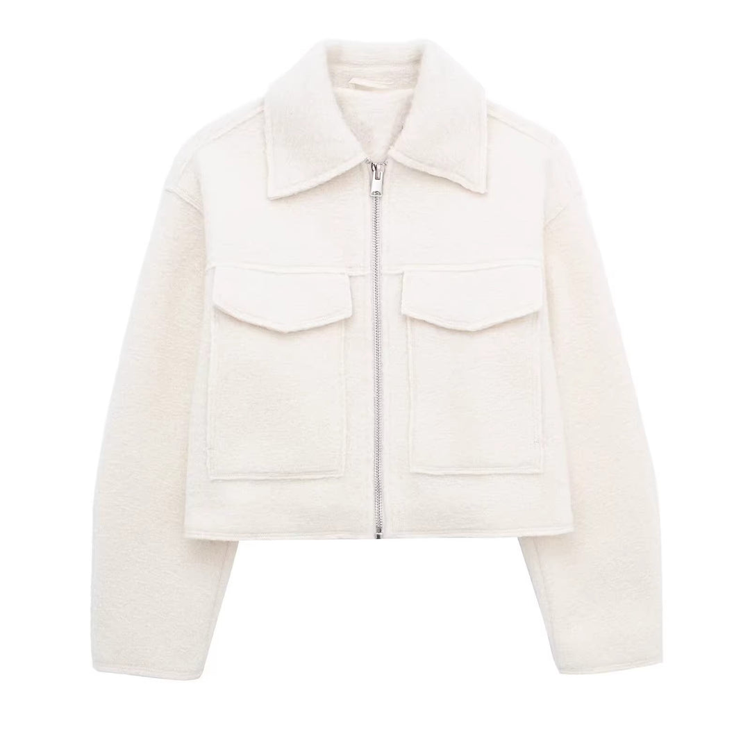 Women's Short Cut Sherpa Jacket with Zip and Flap Pockets Amarae