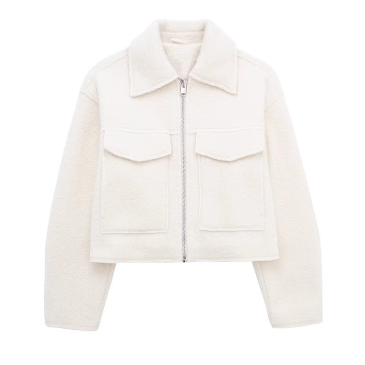 Women's Short Cut Sherpa Jacket with Zip and Flap Pockets Amarae