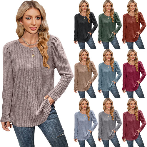 Knit sweater for women with puffed sleeves and fine rib pattern Amarae
