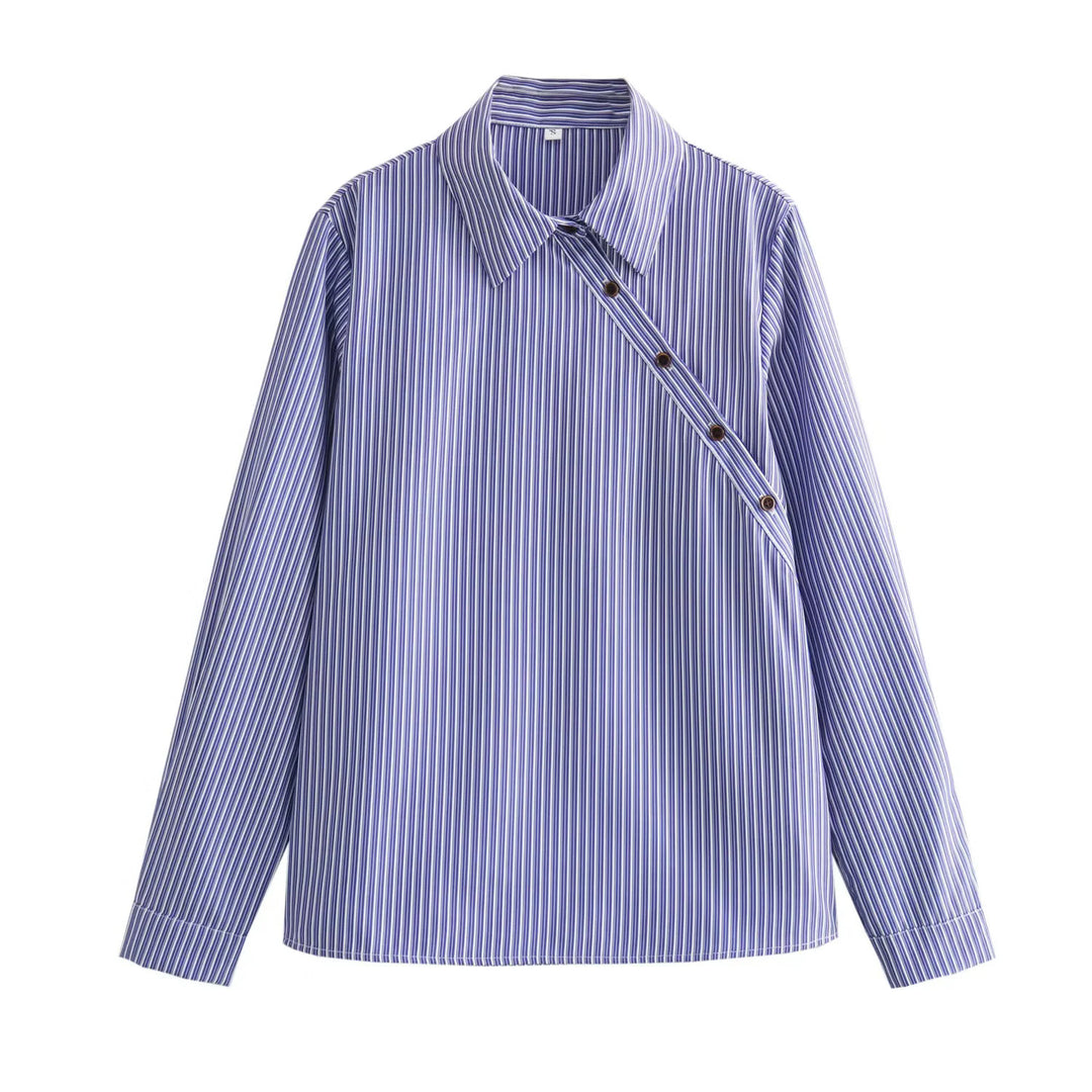 Women's Oversize Striped Blouse with Diagonal Button Placket and Kent Collar Amarae