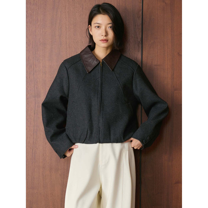 Women's Short Boxy Wool Jacket with Contrasting Leather Collar Amarae
