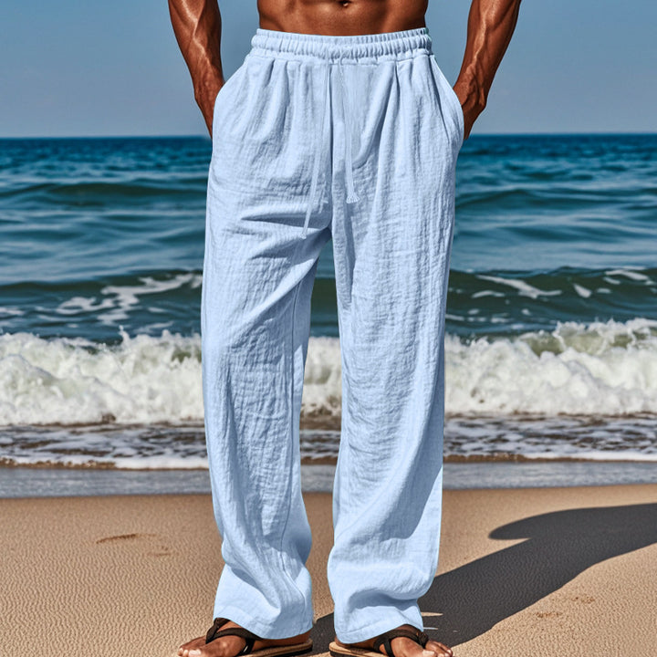 Light beach pants for men with elastic waistband and handy side pockets Lune London