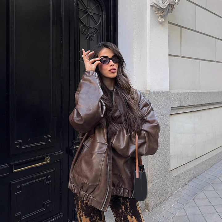 Women's Oversized Vegan Leather Bomber Jacket with Elastic Hem & Large Flap Pockets Amarae