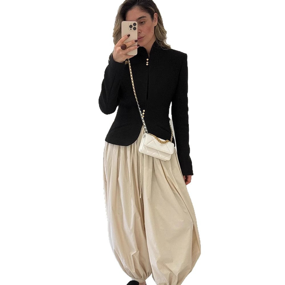 Women's Tailored Structured Blazer with Stand Collar & Decorative Button Placket Amarae