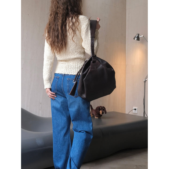 Women's chunky knit sweater with wide bateau neckline and tie belt Amarae