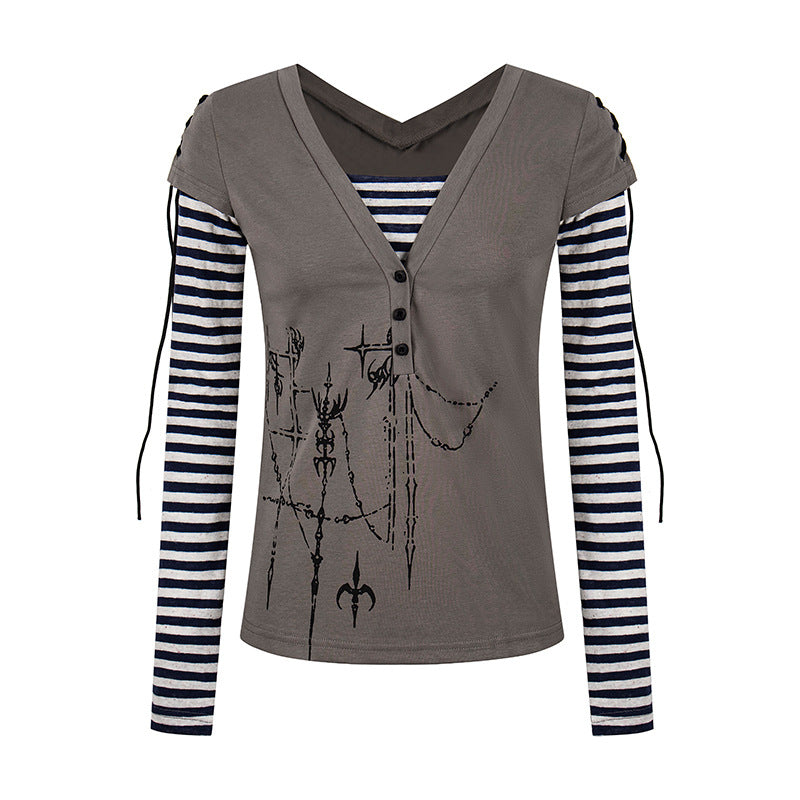 Women's Layered Long Sleeve Shirt with V-Neck, Striped Inner Layer and Lacing Detail Amarae