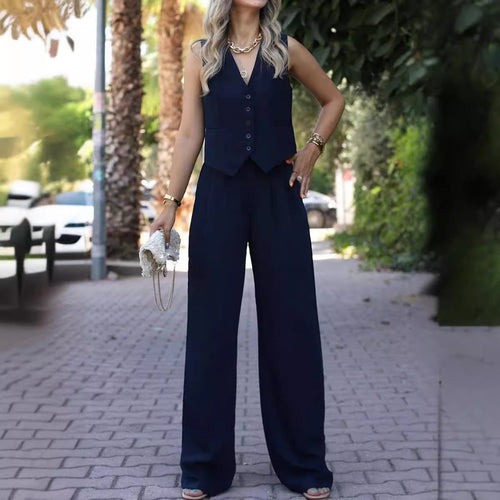 Amarae | Sleeveless V-neck Vest with Wide Leg Pants Ensemble