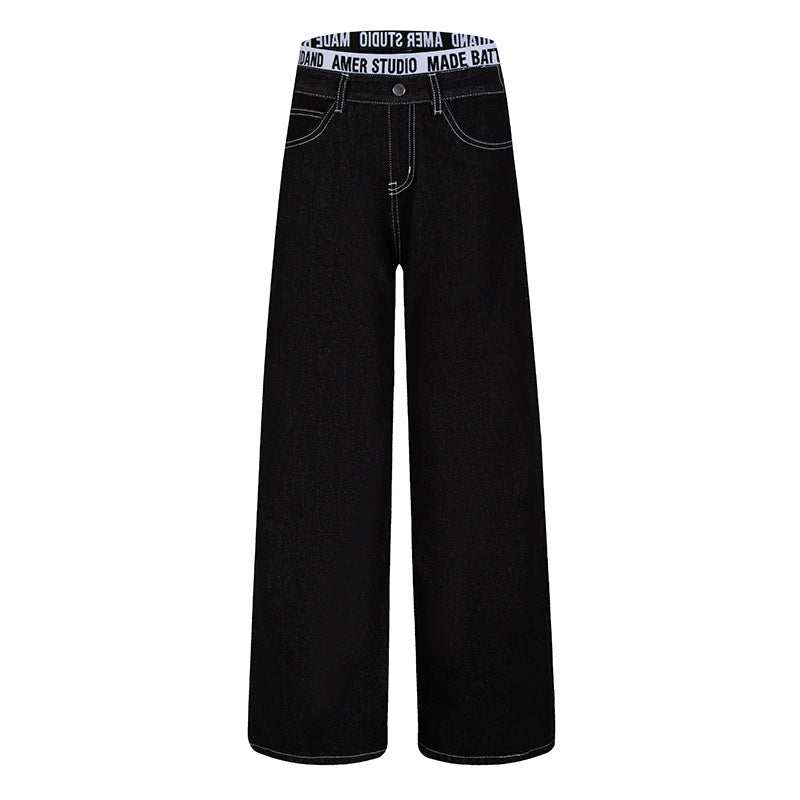 Women Wide High-Waist Denim Pants with Logo Elastic Waistband and Palazzo Silhouette Amarae