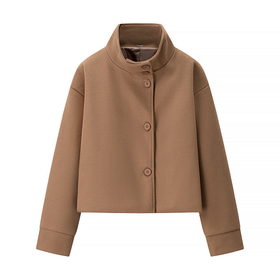 Trendy cropped transitional jacket for women with elegant high collar and practical button details Lune London