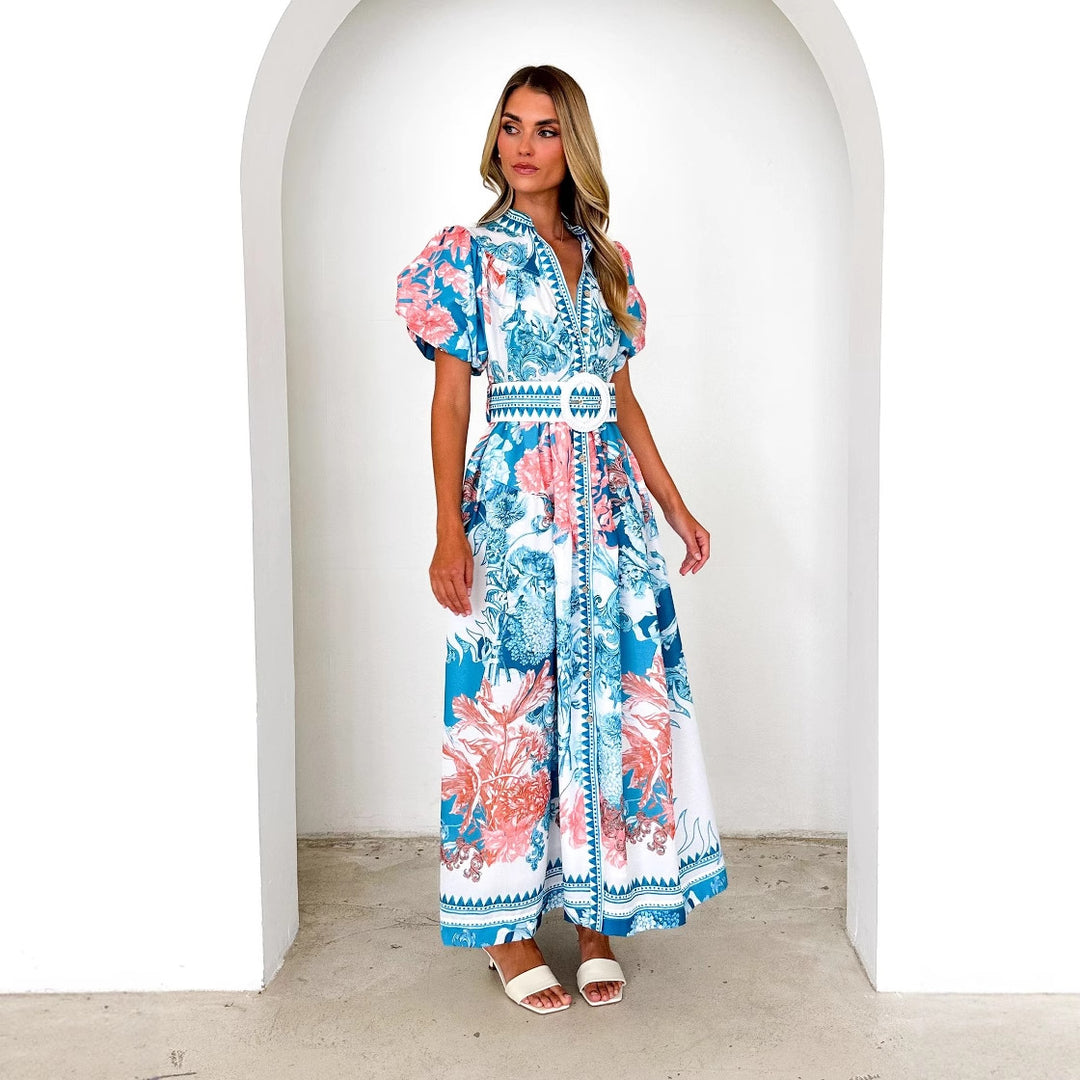 Women's maxi dress with voluminous puff sleeves and delicate floral pattern Lune London