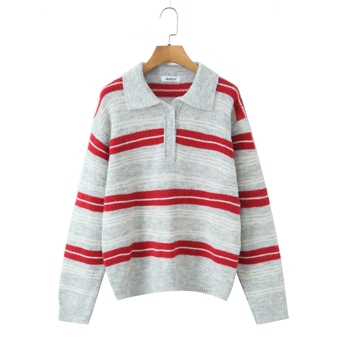 Elegant knitted sweater for women with polo collar and striped pattern Lune London