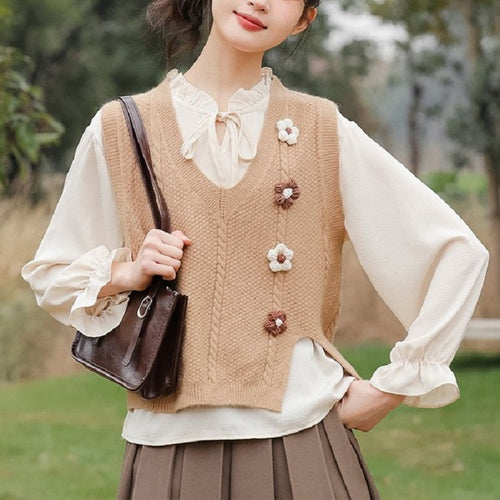 Ladies chunky knit cardigan with V-neckline and floral accents Amarae