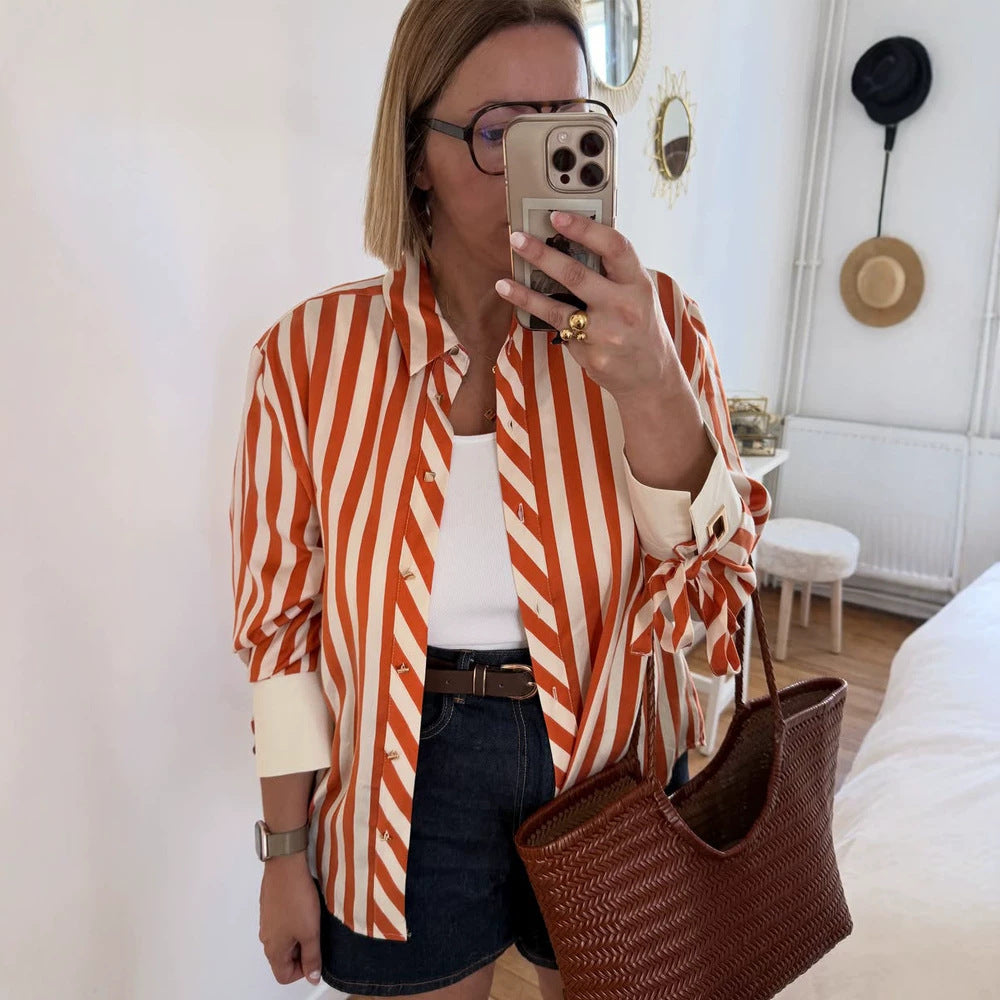 Women Striped Oversize Shirt Blouse with Ties on Sleeves and Concealed Button Placket Amarae