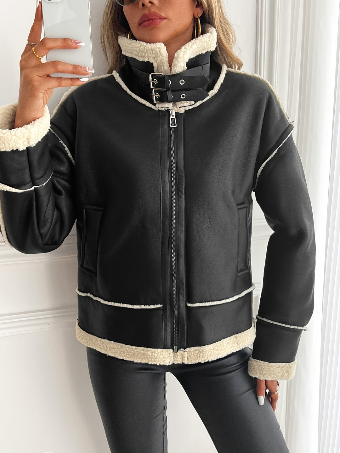 Trendy faux leather jacket for women with cozy teddy lining Lune London