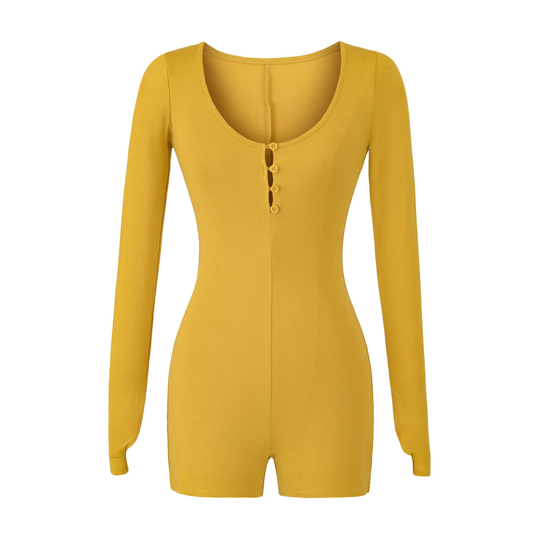 Women Fitted Long Sleeve Bodysuit with Button Placket and Short Shorts Amarae