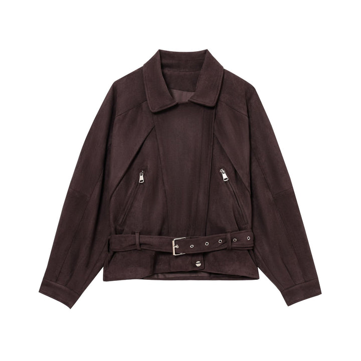 Elegant suede jacket for women with functional zips and a belt at the waist Lune London