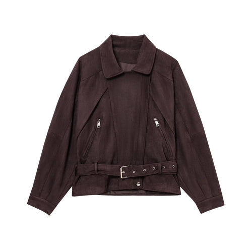 Elegant suede jacket for women with functional zips and a belt at the waist Amarae