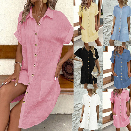Shirt dress for ladies with textured surface and practical pockets Amarae