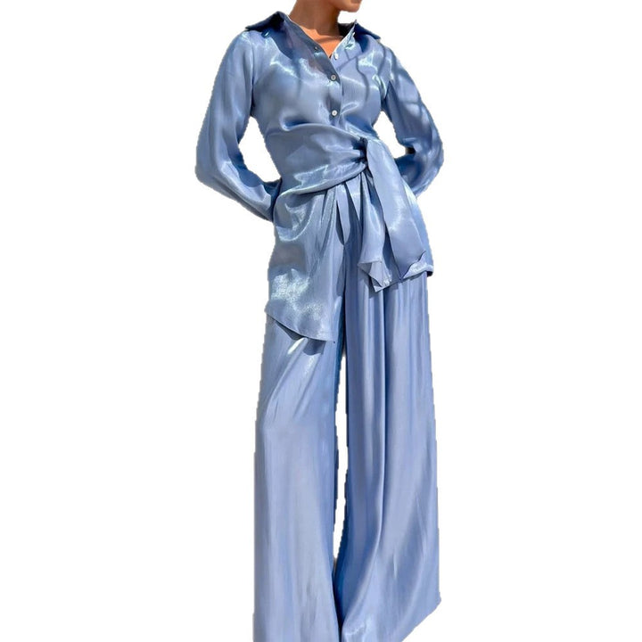 Ladies Two-Piece Silky Shirt and Palazzo Set with Wrap Waist Amarae
